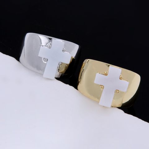Shell Copper 18K Gold Plated White Gold Plated Simple Style Shiny Metallic Inlay Cross Shell Wide Band Rings Open Rings