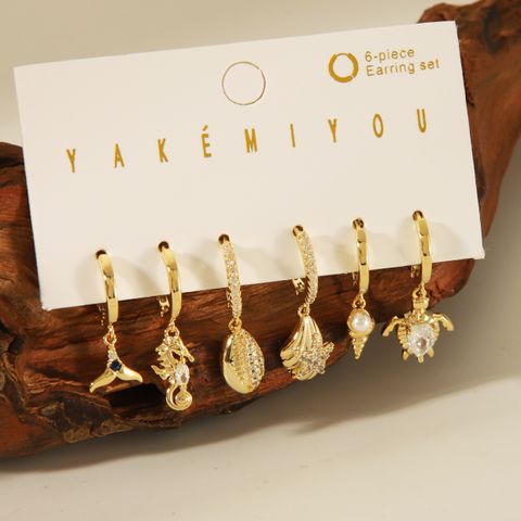 Copper 14K Gold Plated Casual Inlay Tortoise Hippocampus Fish Tail Artificial Pearls Zircon Ear Studs