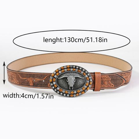 Casual Vintage Style Cattle Pu Leather Metal Button Wooden Beads Unisex Leather Belts