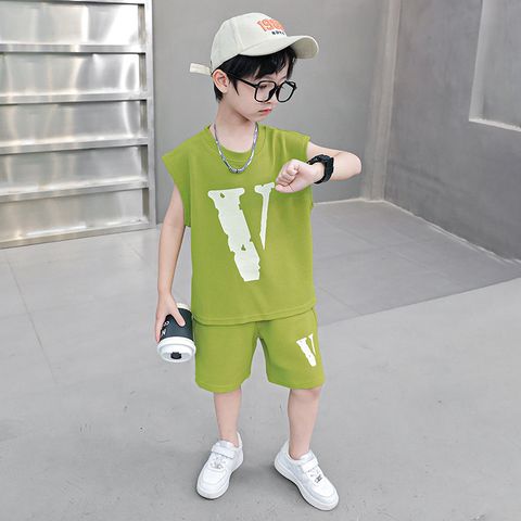 Children'S Day Casual Classic Style Sports Letter Solid Color Elastic Waist Cotton Blend Boys Clothing Sets
