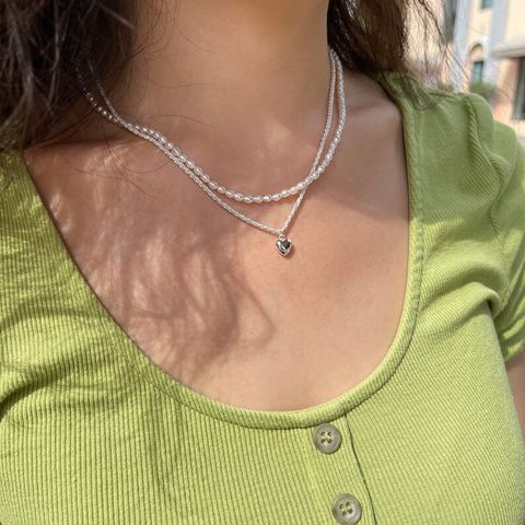 Elegant Sweet Heart Shape Alloy Beaded Unisex Double Layer Necklaces