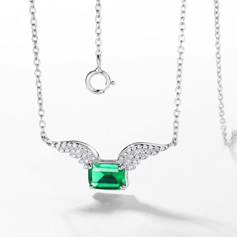 Sterling Silver White Gold Plated Silver Plated Elegant Retro Inlay Wings Lab-grown Gemstone Zircon Pendant Necklace