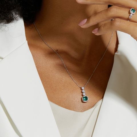 Sterling Silver White Gold Plated Silver Plated Elegant Retro Inlay Geometric Lab-grown Gemstone Zircon Pendant Necklace