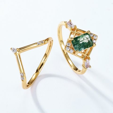 Sterling Silver 18K Gold Plated Retro Square Lab-grown Gemstone Rings