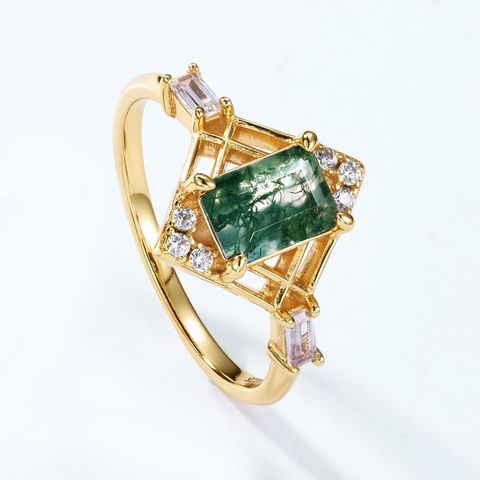 Sterling Silver 18K Gold Plated Retro Square Lab-grown Gemstone Rings