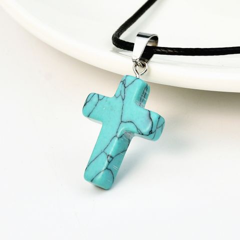 Casual Simple Style Cross Turquoise Leather Rope Tiger Eye Unisex Pendant Necklace