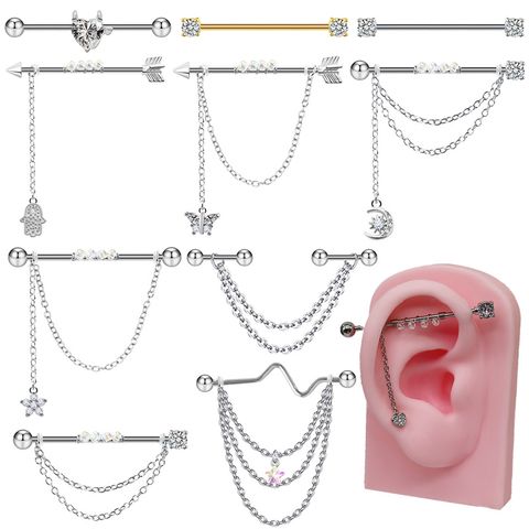 1 Piece Ear Cartilage Rings & Studs Cool Style Heart Shape Floral Alloy Resin Rhinestone Chain Inlay Rhinestones Glass White Gold Plated