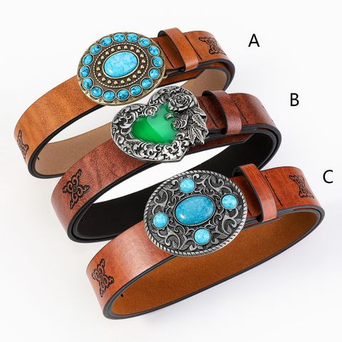 Casual Retro Simple Style Color Block Pu Leather Inlaid Turquoise Turquoise Unisex Leather Belts