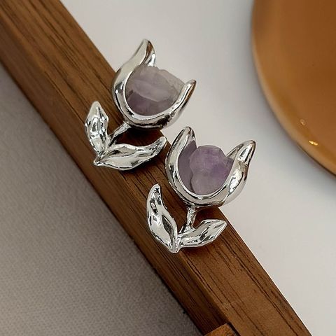 1 Pair Vacation Flower Inlay Alloy Gravel Natural Stone Ear Studs