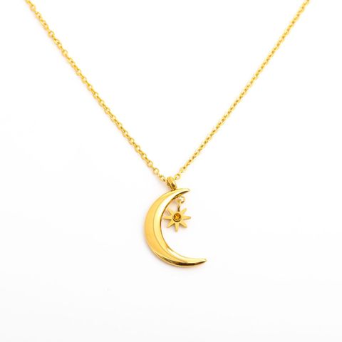 201 Stainless Steel 304 Stainless Steel Glass Gold Plated Simple Style Plating Inlay Sun Moon Birthstone Pendant Necklace
