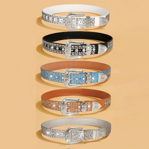 Estilo Simple Estilo Clásico Color Sólido Cuero Sintético Enchapado Embutido Diamantes De Imitación Mujeres Cinturones De Cuero