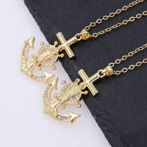 Copper 18K Gold Plated Marine Style Inlay Anchor Zircon Pendant Necklace