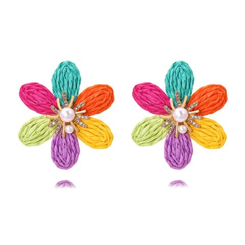 1 Pair Casual Flower Raffia Rhinestones Ear Studs