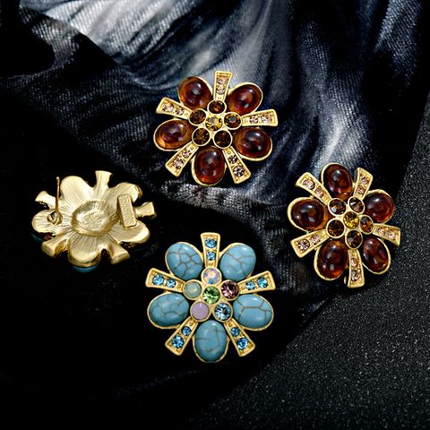Vintage Style Flower Alloy Inlay Turquoise Glass Women's Ear Studs