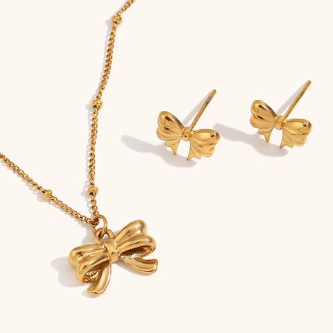 316L Stainless Steel  18K Gold Plated Elegant Bow Knot Earrings Necklace