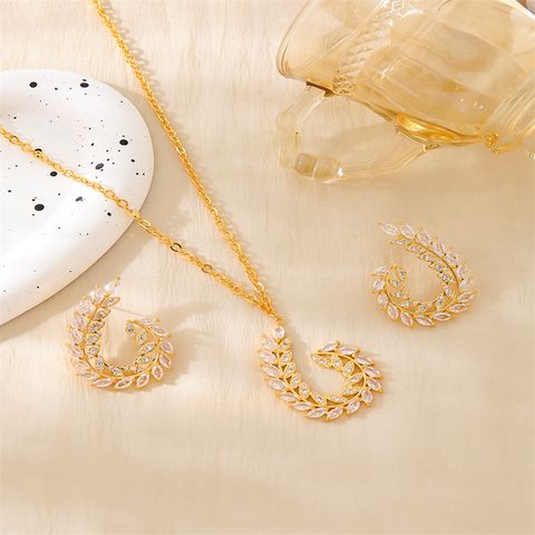 Copper 18K Gold Plated Elegant Lady Streetwear Inlay Geometric Leaf Zircon Earrings Necklace Jewelry Set