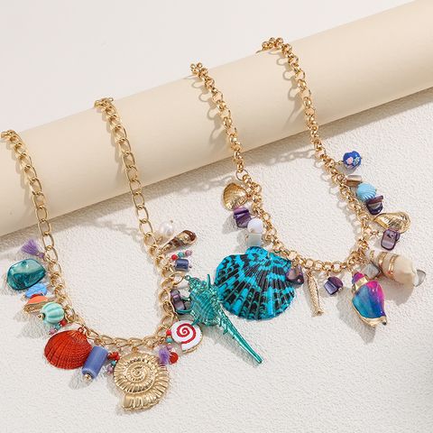Wholesale Jewelry Vacation Marine Style Conch Shell Alloy Iron Freshwater Pearl Shell Plating Inlay Pendant Necklace