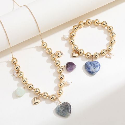 Retro Color Block CCB Natural Stone Gem Plating Gold Plated Women's Necklace