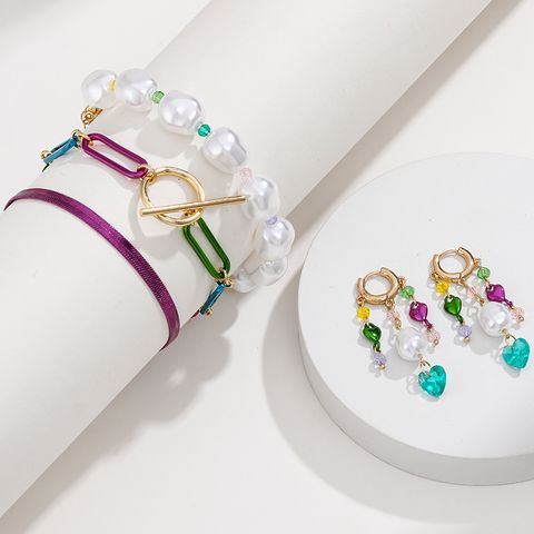 Elegant Heart Shape Imitation Pearl Alloy Glass Beaded Women's Bracelets Earrings