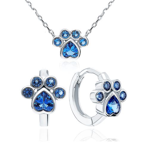 Cute Animal Paw Print Sterling Silver Inlay Zircon White Gold Plated Women's Jewelry Set