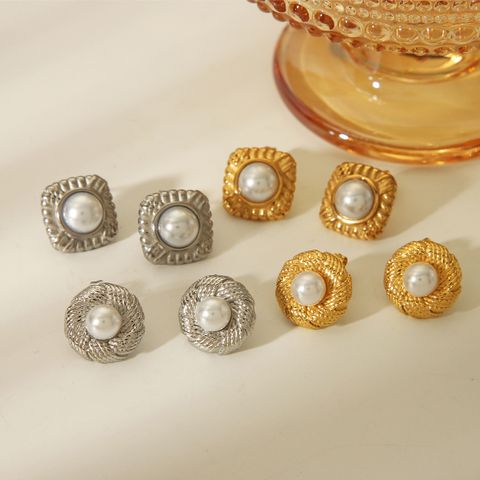 1 Piece IG Style Simple Style Round Square Inlay 304 Stainless Steel Artificial Pearls 18K Gold Plated Ear Studs