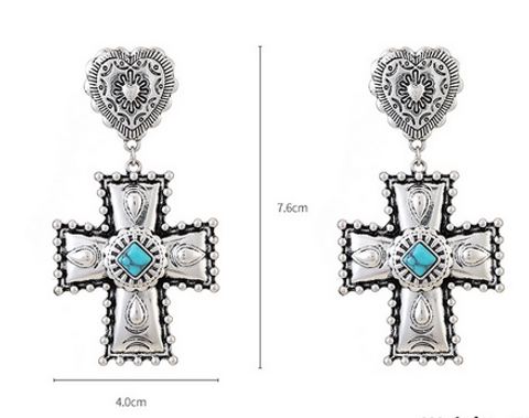 Elegant Retro Lady Cross Heart Shape Alloy Plating Inlay Turquoise Women's Earrings Necklace