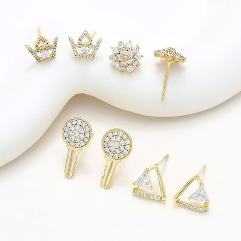 1 Pair XUPING Simple Style Crown Flower Key Inlay Copper Artificial Gemstones 18K Gold Plated Ear Studs