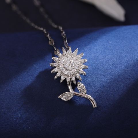 Wholesale Elegant Sunflower Flower Butterfly 304 Stainless Steel Copper Inlay 18K Gold Plated Zircon Pendant Necklace