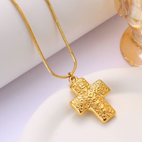 304 Stainless Steel 18K Gold Plated Vintage Style Cross None Pendant Necklace