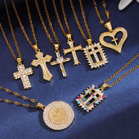 Wholesale Classic Style Cross Heart Shape Crown 304 Stainless Steel Copper Inlay 18K Gold Plated Zircon Pendant Necklace
