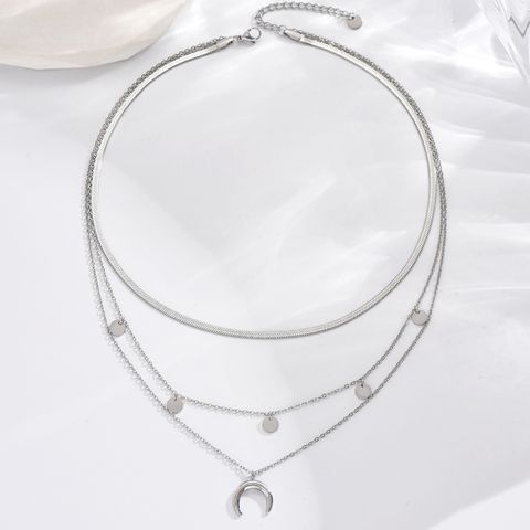 304 Stainless Steel Elegant Round Moon Three Layer Necklace