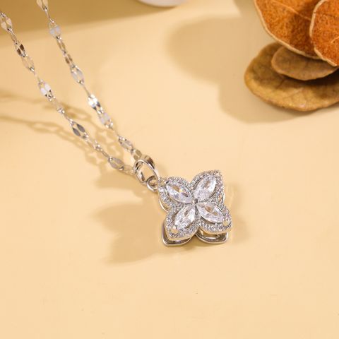 Wholesale Elegant Four Leaf Clover 304 Stainless Steel Copper Inlay Silver Plated Zircon Pendant Necklace