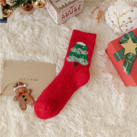 Women's Cute Christmas Tree Santa Claus Snowman Acetate Fibre Coral Fleece Crew Socks