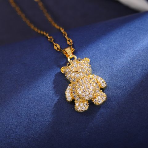 304 Stainless Steel 18K Gold Plated Cute Shiny Plating Inlay Little Bear Zircon Pendant Necklace