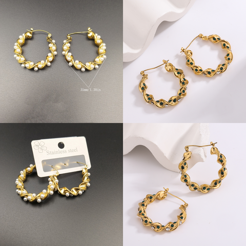 1 Pair Vintage Style Multicolor Spiral Sparkly Plating Inlay 304 Stainless Steel Artificial Gemstones Artificial Pearls 18K Gold Plated Earrings