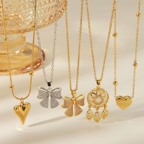 304 Stainless Steel Copper 18K Gold Plated Casual Vintage Style Dreamcatcher Heart Shape Bow Knot Pendant Necklace