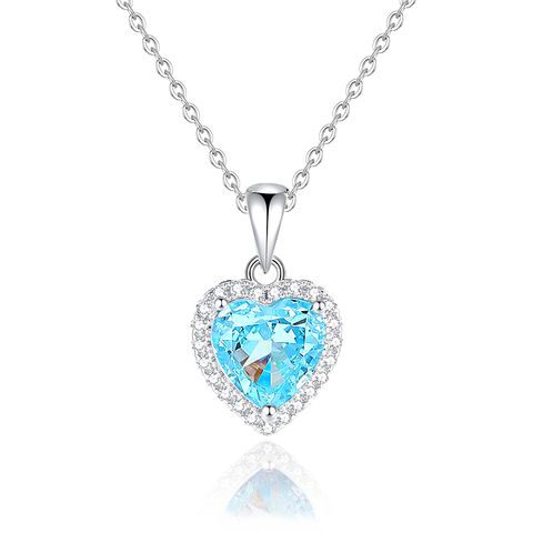 Sterling Silver Sweet Simple Style Inlay Heart Shape High Carbon Diamond Pendant Necklace