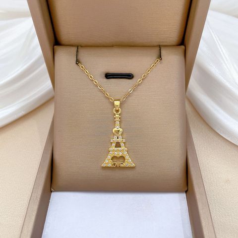 Großhandel Lässig Einfacher Stil Liebe Eiffelturm Titan Stahl Kupfer Aushöhlen Inlay Zirkon Halskette Mit Anhänger