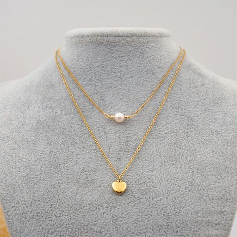 304 Stainless Steel Titanium Steel Gold Plated Simple Style Inlay Heart Shape Artificial Pearls Double Layer Necklaces Sweater Chain