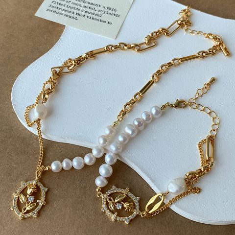 Copper 18K Gold Plated Beach Artistic Shiny Rose Pearl Hollow Out Inlay Zircon Bracelets Necklace