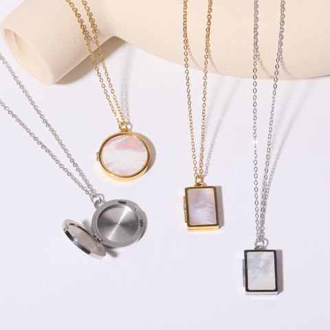 201 Stainless Steel 304 Stainless Steel Shell Gold Plated Simple Style Inlay Rectangle Round Shell Pendant Necklace Locket Necklace