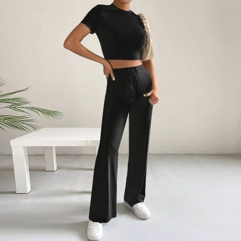 Casual Classic Style Solid Color Pants Sets Spandex Polyester Wide Leg Pants Sets Two-Piece Sets