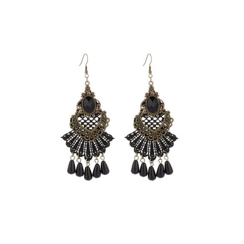 1 Pair IG Style Retro Geometric Tassel Hollow Out Inlay Alloy Lace Glass Drop Earrings