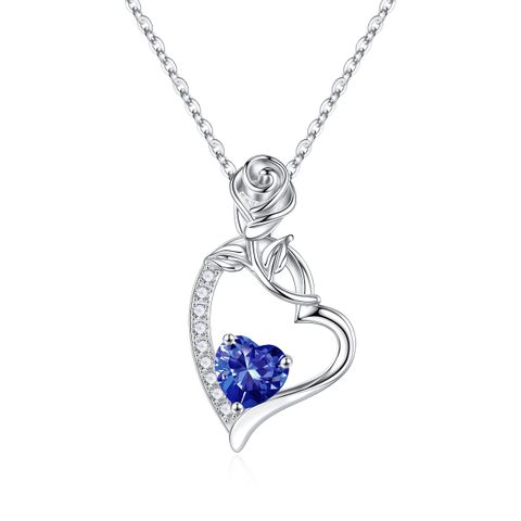 Sterling Silver Cute Sweet Heart Shape Rose Plating Zircon Pendant Necklace