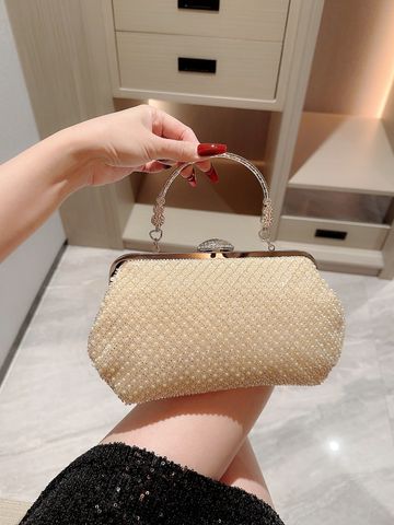 Beige Polyester Solid Color Pearls Pillow Shape Evening Bags