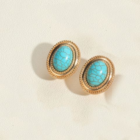 1 Pair Vintage Style Simple Style Commute Round Inlay Copper Artificial Pearls Turquoise 14K Gold Plated Ear Studs