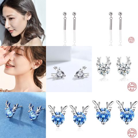 1 Pair Elegant Glam Luxurious Antlers Handmade Inlay Sterling Silver Zircon White Gold Plated Ear Studs