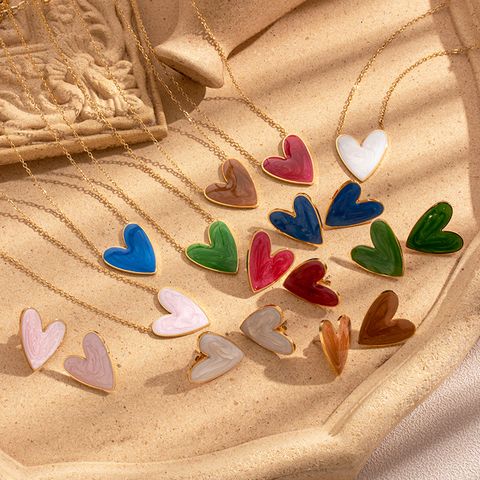 Stainless Steel 18K Gold Plated Vintage Style French Style Simple Style Heart Shape Enamel Earrings Necklace