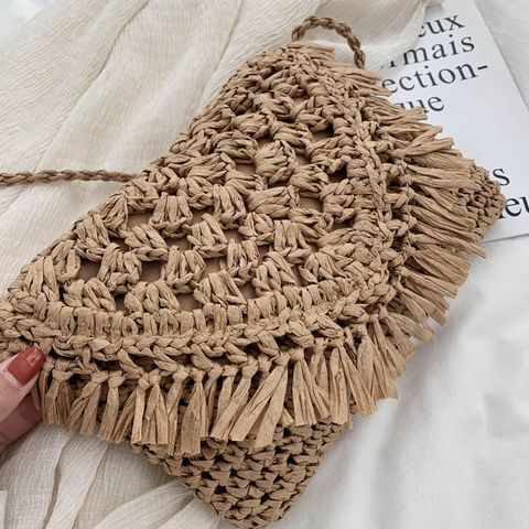 Women's Small Straw Solid Color Beach Weave Zipper Straw Bag