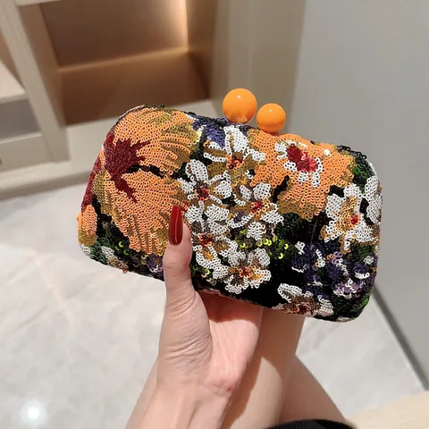 Orange Polyester Flower Embroidery Embroidery Evening Bags